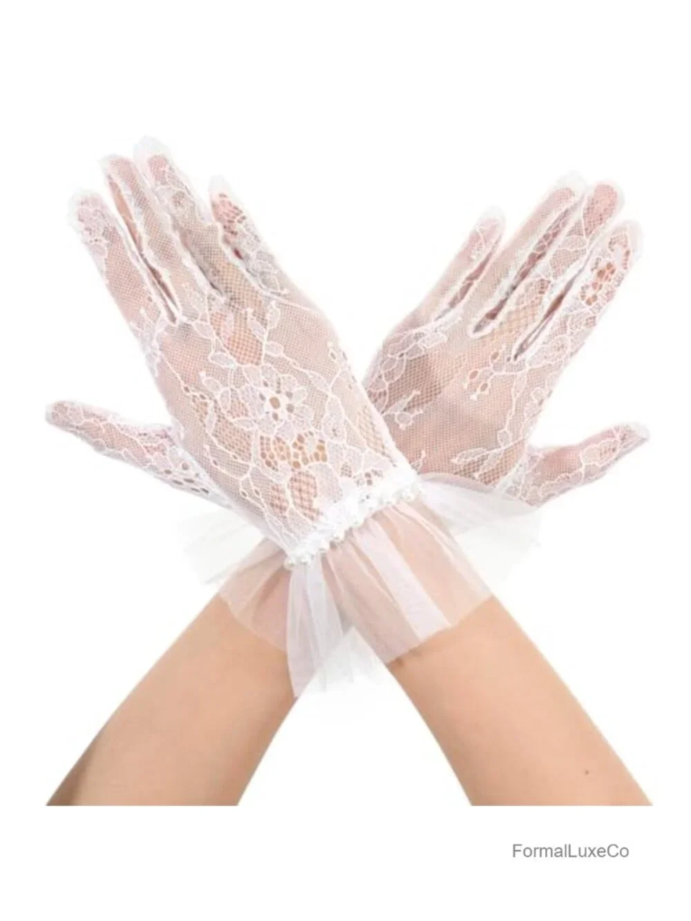 Short Lace Gloves with Pearls, Vintage Tulle Mesh Bridal Gloves for Wedding Tea